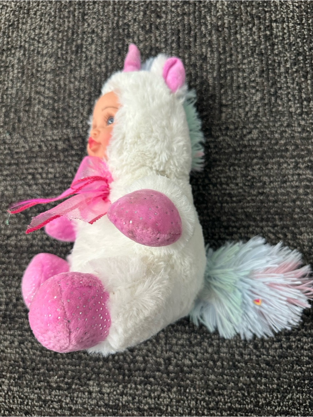 Megatoys Unicorn Baby Doll 10in Plush Soft Body Blue Eyes White Pink Hood - Picture 2 of 7